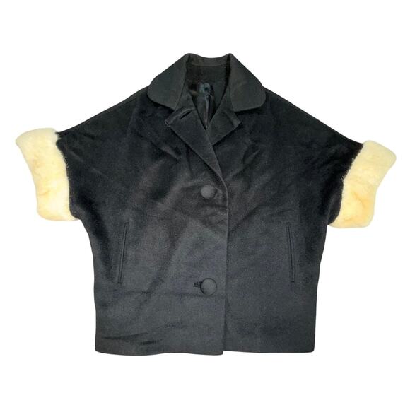 Vintage 50's Black Wool Short Car Coat Fur Short Sleeves L/XL - Picture 1 of 3